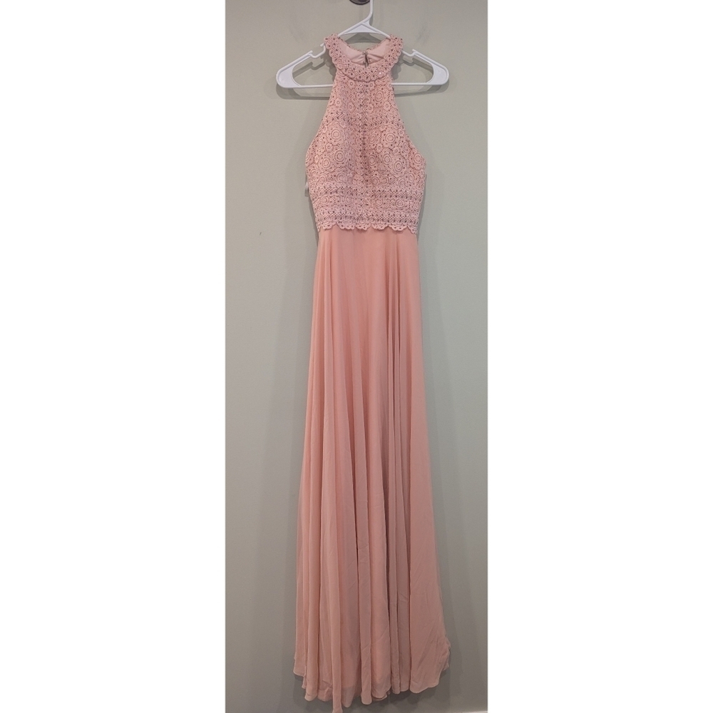 Alyce Paris Pink Tulle Skirt Halter Neck Crochet Top Open Back Gown Size 0